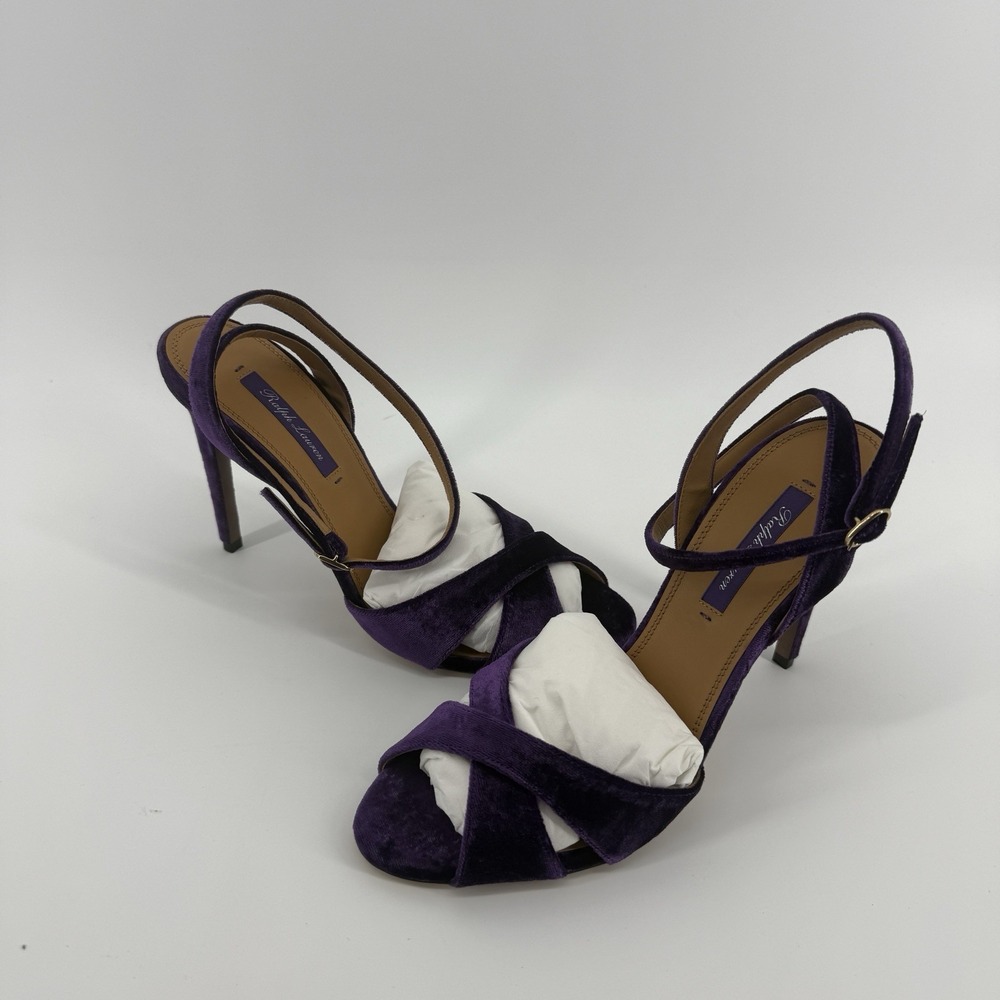 New Ralph Lauren Collection Kandice Purple Velvet Ankle Strap Heels EU 39 US 8.5